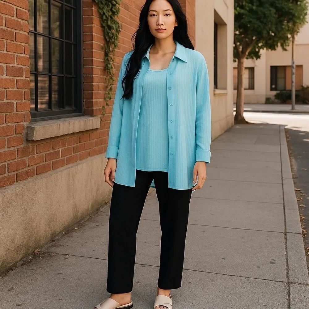 Joanna Twinset Button Up Sheer Teal Blouse Size XL